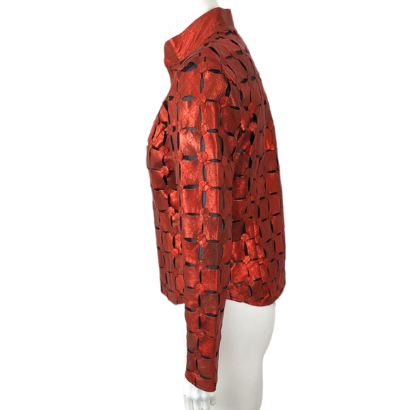 Vintage 80s Red Metallic Leather Cut Out Jacket Image Leather Womens XS Thriller - Picture 3 of 14